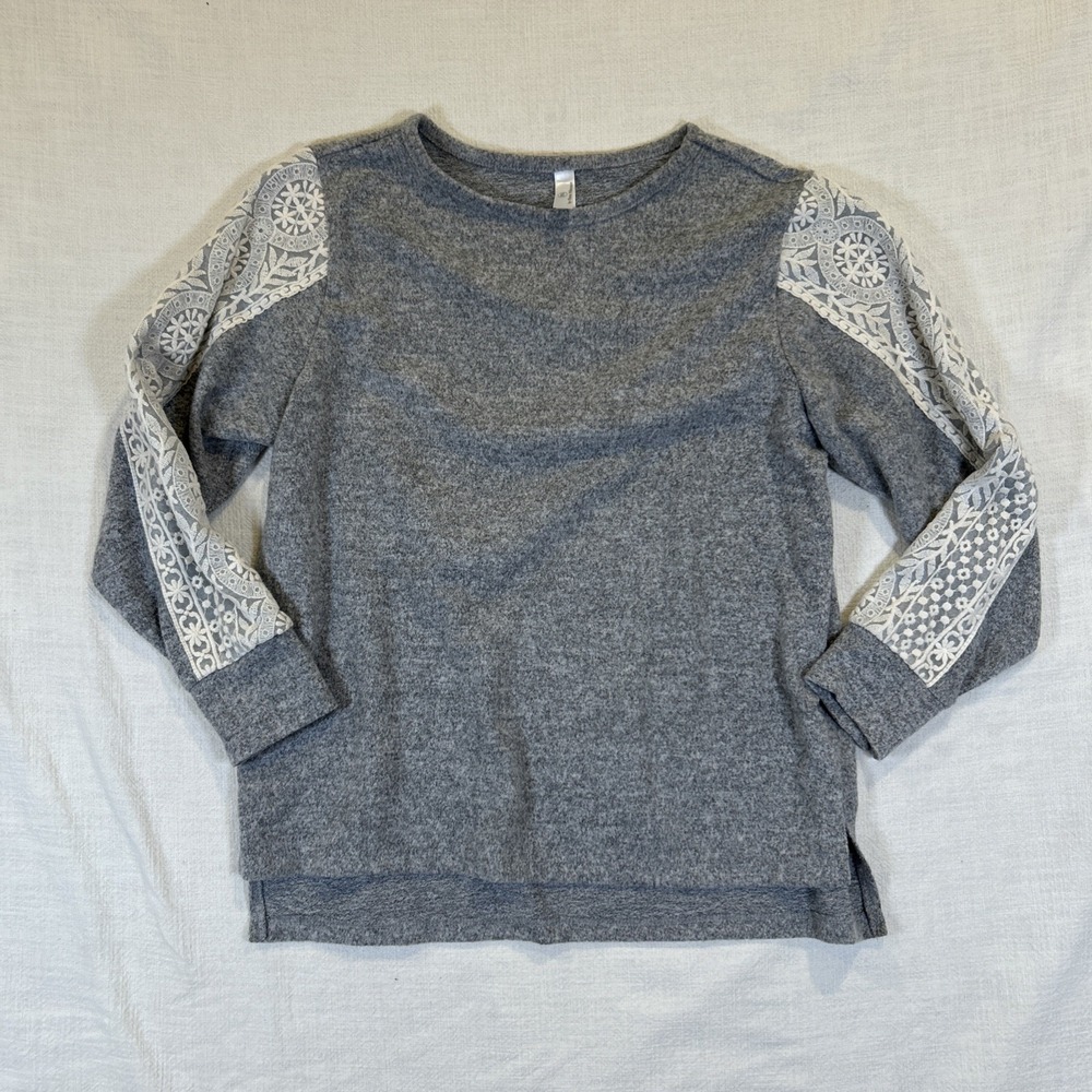Flora Nikrooz Women's Long Sleeve Lounge Top Gray With White Lace Size Medium